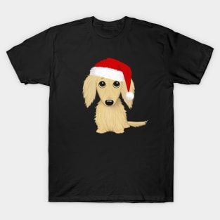 Longhaired Cream Dachshund with Santa Hat Cute Dog Christmas T-Shirt